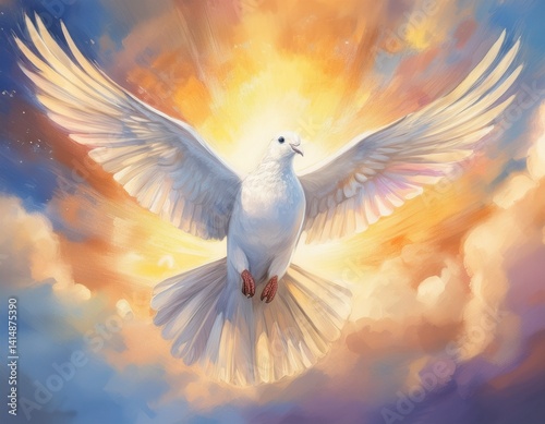A white dove soaring upward against a glowing watercolor sky of gold and pale blue, wings open wide like a message from heaven.