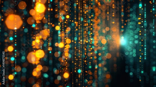 Futuristic Data Stream: Digital Code Visualization In Teal And Orange Bokeh Lights