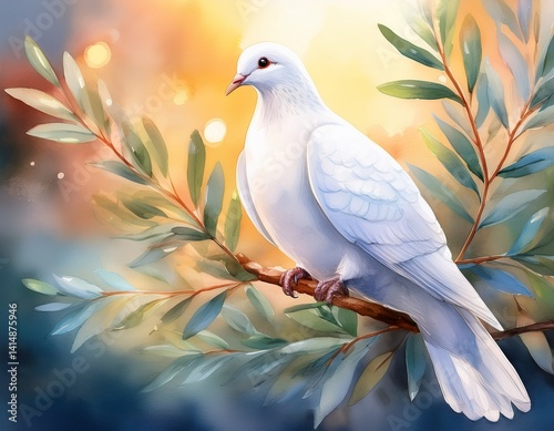 A gentle white dove resting on an olive branch, surrounded by soft watercolor leaves and radiant light filtering through.