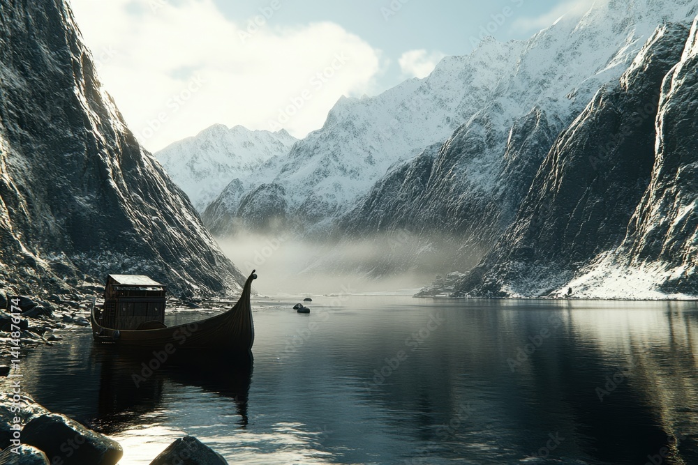 Fototapeta premium Serene Nordic Landscape with Viking Ship on Calm Water Surrounded by Majestic Snow Capped Mountains and Mist in a Peaceful Ambiance