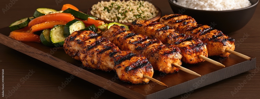 Tender chicken shish kebabs with grilled zucchini and bell peppers on a rustic wooden board, accompanied by rice and fresh salad