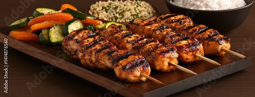 Tender chicken shish kebabs with grilled zucchini and bell peppers on a rustic wooden board, accompanied by rice and fresh salad