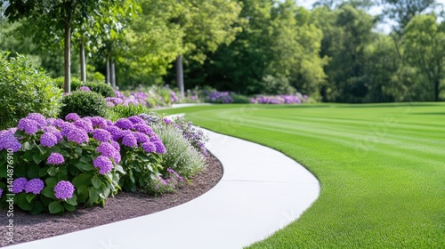 Curved concrete pathway winds through a manicured green lawn lined with blooming purple hydrangeas in a sunny garden.