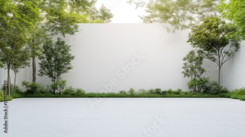 Blank white concrete wall in a modern outdoor courtyard surrounded by lush green trees and plants under bright natural daylight.