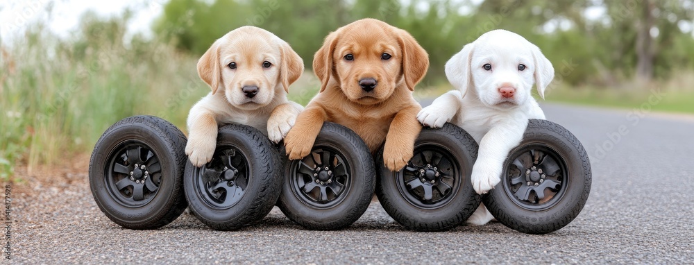 Charming Labrador puppies sit on an asphalt road, bathed in golden hour light, with a lovely bokeh background enhancing their cuteness