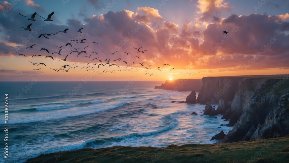 Obraz premium Seascape with Birds Flying at Dramatic Sunset Over Rocky Cliffs