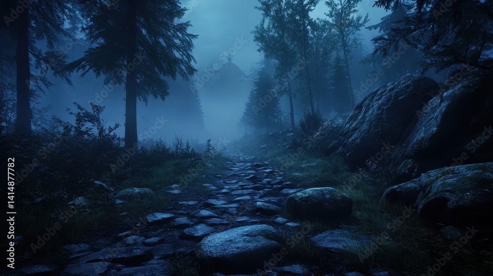 Mystical Night Forest Path Foggy Stone Road Dark Trees Mystical Night Forest Path Foggy Stone Road Dark Trees