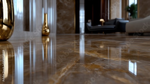 Polished brown marble floor reflecting light in a luxury hotel lobby with gold vases in the background.