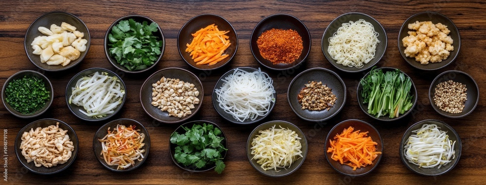 Colorful vegetables and rice noodles are laid out on a wooden table, inviting preparation of a delicious Pad Thai dish