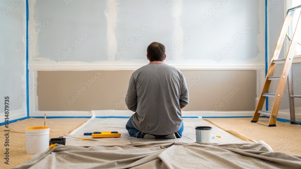 A person painting a wall in a home interior renovation project. home renovation DIY painting concept A person painting a wall in a home interior renovation project. home renovation DIY painting concept