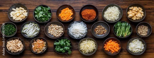 Obraz na płótnie Colorful vegetables and rice noodles are laid out on a wooden table, inviting preparation of a delicious Pad Thai dish w salonie