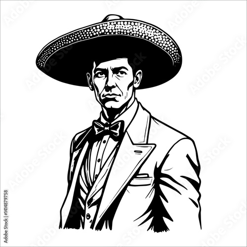Mexican mariachi man in traditional charro suit and sombrero, black and white cultural vector portrait.