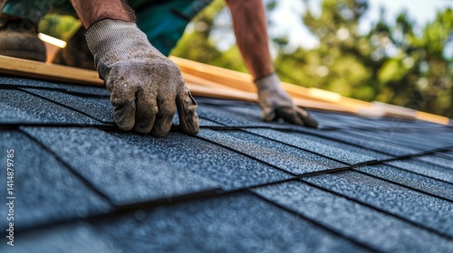 roof shingle installation during home renovation, showcasing construction workers replacing old shingles with new, durable roofing materials for enhanced protection and aesthetic appeal