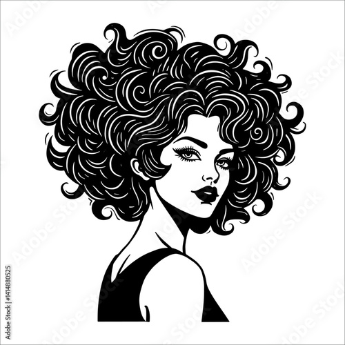 Elegant woman with voluminous curly hair in profile view, black and white vintage illustration style art.