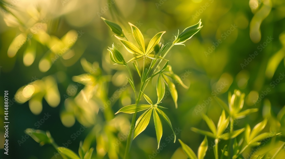 Fototapeta premium Green Floral Delight: Lush Nature Background With Dreamy Bokeh, Fresh Spring Growth