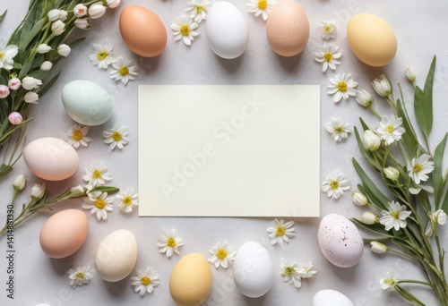 Easter eggs with spring flowers around blank card on white table background.
