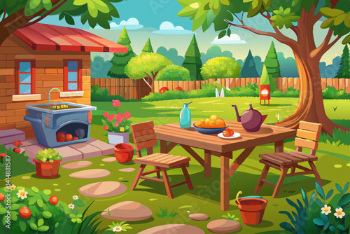 
vector of summer time in backyard garden with grill BBQ, wooden table, blurred background 