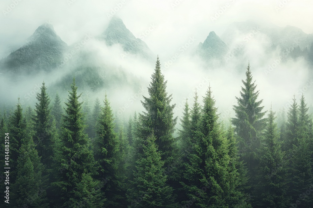 Fototapeta premium A dense forest with a misty, foggy atmosphere