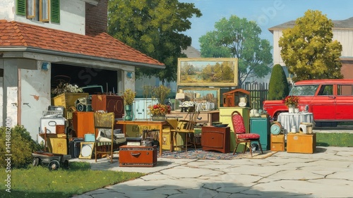Suburban Garage Sale Vintage Furniture and Collectibles for Sale Outdoors