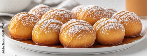 Close-up view of fried dough balls drenched in a rich butter and honey sauce on a pristine white plate, showcasing delicious textures