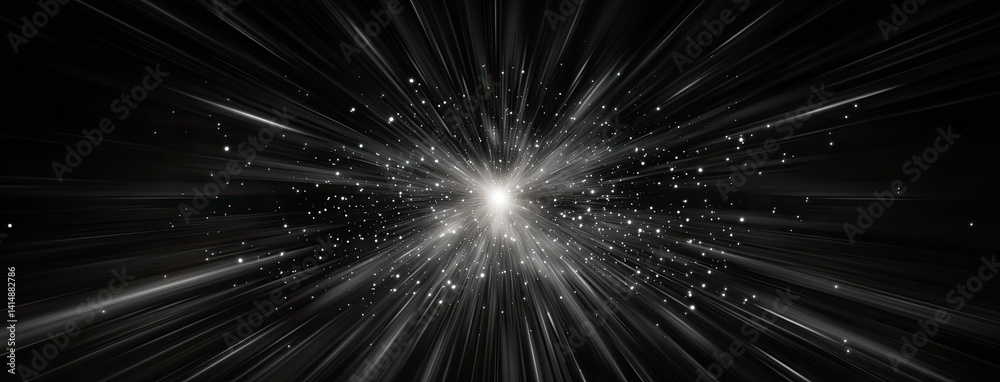 White light intensively shines, illuminating floating dust particles as vibrant laser beams extend outward against a black backdrop