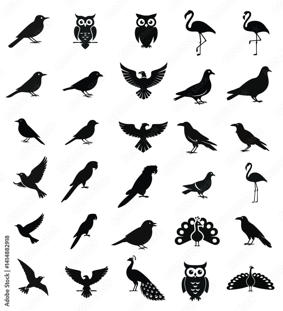bird, silhouette, vector, animal, flying, illustration, birds, nature, icon, black, fly, pigeon, dove, wing, wild, set, wildlife, wings, eagle, silhouettes, collection, seagull, drawing, feather, spar