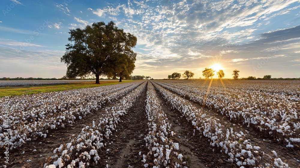 Endless rows of fluffy cotton bask in the gentle sunlight, creating a serene and pastoral scene.