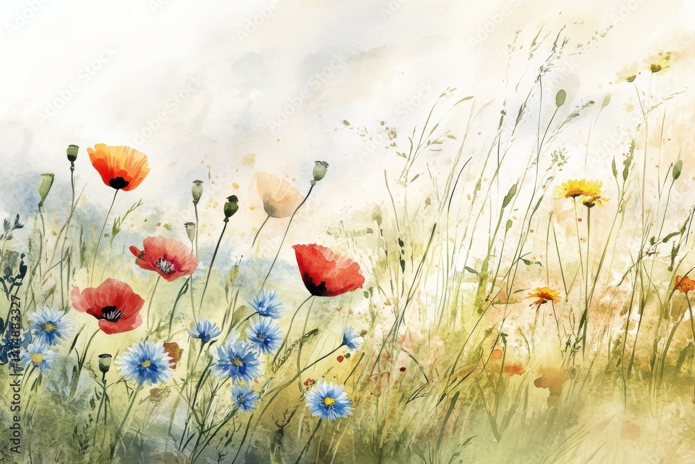 Obraz premium Watercolor painting displaying a field of poppies and cornflowers in bloom