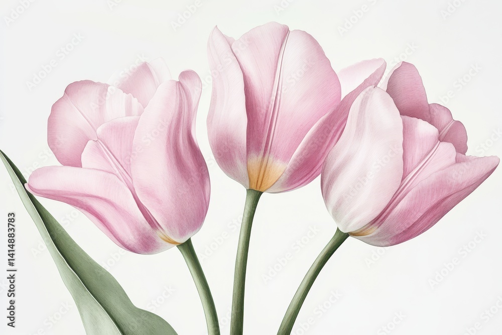 Obraz premium A close view of three pink tulip flowers with green stems on a white canvas