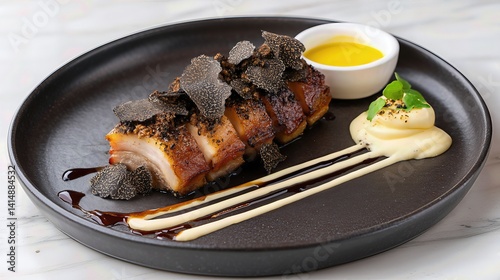 Obraz na płótnie Golden, truffle infused lechon kawali glistens atop a dark matte plate, crowned with delicate black truffle shavings and paired with a saffron garlic aioli and artistic balsamic drizzle. w salonie