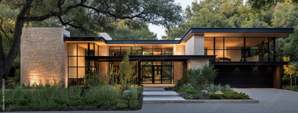 Bright farmhouse exterior features large windows and a stone walkway surrounded by ornamental grasses and native plants.
