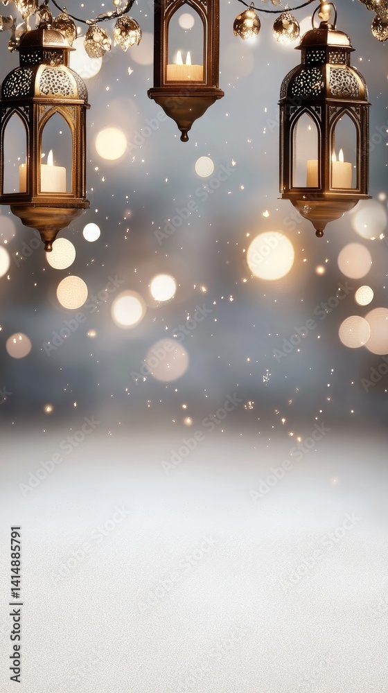 Celebrate Eid with beautiful greetings showcasing ornate lanterns and a crescent moon, perfect for festive Ramadan decorations.