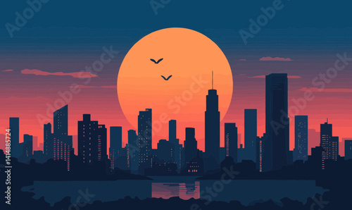 Minimalistic Sunrise Cityscape Vector Illustration with Vibrant Orange Sun and Silhouetted Skyscrapers