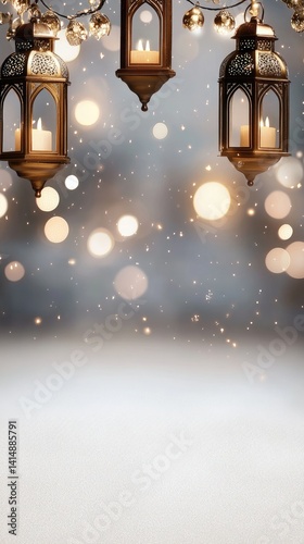 Obraz na płótnie Celebrate Eid with beautiful greetings showcasing ornate lanterns and a crescent moon, perfect for festive Ramadan decorations. w salonie