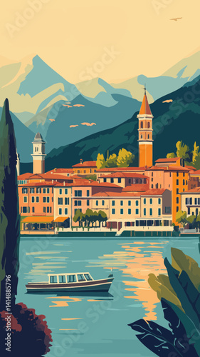 Retro Travel Poster: Lake Como Italy, Scenic Vacation with Vintage Architecture and Mountains