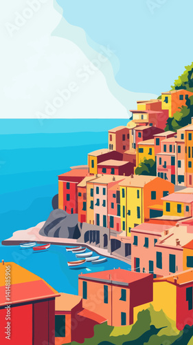 Retro Style Cinque Terre Italy Poster Illustration with Vibrant Colors and Ocean View