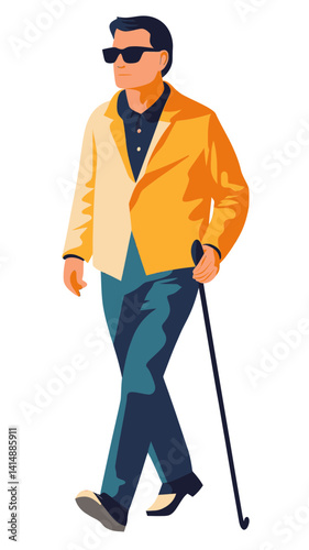 Stylish Blind Man Walking with Cane in Sunglasses Minimalist Vector Illustration