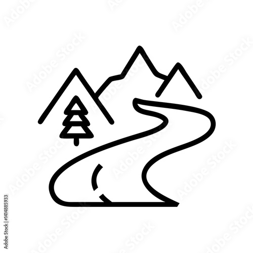 Minimalistic hiking trail icon with winding road and nature background for maps and outdoor apps