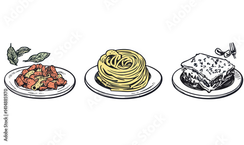 Minimalist Italian Pasta Dishes Vector Set: Spaghetti, Lasagna, Penne Graphics