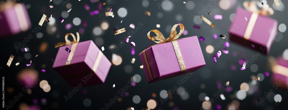 Purple gift boxes with golden ribbons float through the air, surrounded by shimmering confetti and glitter, evoking a festive atmosphere.