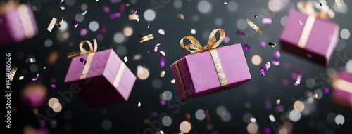 Obraz na płótnie Purple gift boxes with golden ribbons float through the air, surrounded by shimmering confetti and glitter, evoking a festive atmosphere. w salonie