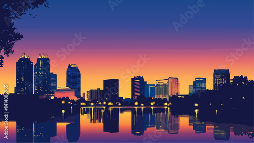 Orlando skyline at dusk with colorful skies and city reflections as a vector illustration