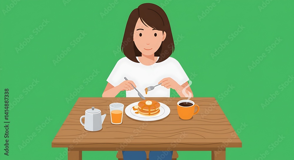 Woman enjoying pancake breakfast with coffee and juice in a serene setting Woman enjoying pancake breakfast with coffee and juice in a serene setting