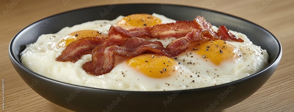 Gather eggs, cream, and crispy bacon for a comforting bowl of porridge infused with black pepper for seasoning