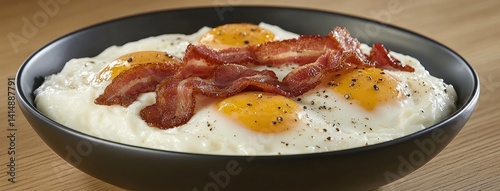 Obraz na płótnie Gather eggs, cream, and crispy bacon for a comforting bowl of porridge infused with black pepper for seasoning w salonie