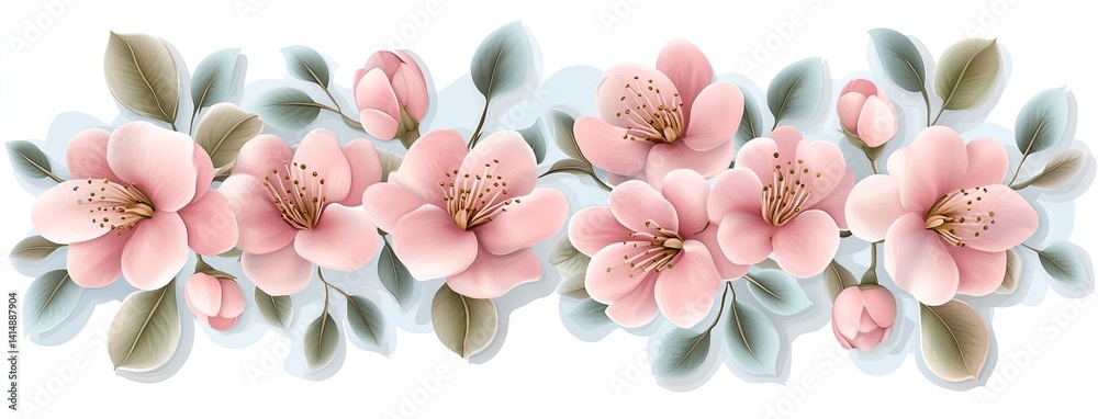 Soft cherry blossoms in light pink bloom against a calming sky blue backdrop, creating a harmonious and aesthetic flat design