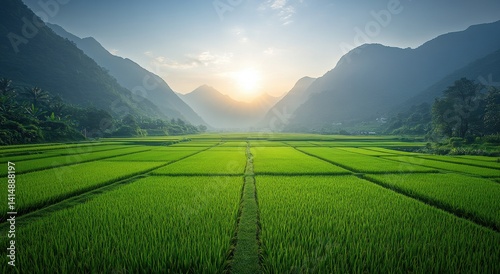 A large field of green grass with a sun setting in the background