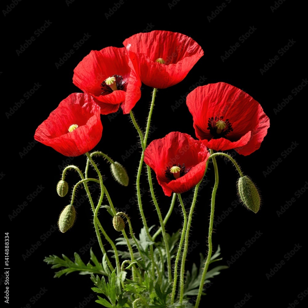 Obraz premium Vivid red poppies bloom against a stark black backdrop showcasing delicate petals and vibrant color in a botanical still life