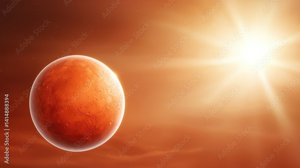 Fototapeta premium Mars in a fiery sunrise. A vibrant depiction of the red planet against a backdrop of a spectacular sunrise, radiating intense light and color, signifying the beauty and mystery of space exploration