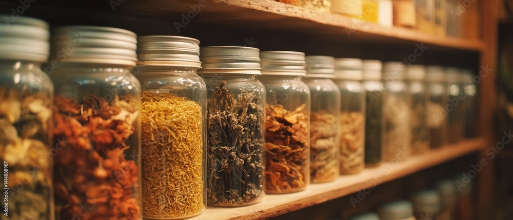 Assortment of Dried Herbs and Spices in Glass Jars on Wooden Shelves in a Rustic Kitchen Pantry Storage with Warm Tones and Shallow Depth of Field Assortment of Dried Herbs and Spices in Glass Jars on Wooden Shelves in a Rustic Kitchen Pantry Storage with Warm Tones and Shallow Depth of Field